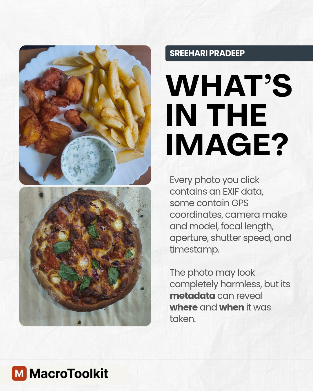EXIF data and image metadata infographic showing how photos contain hidden GPS coordinates, camera make and model, focal length, aperture, shutter speed, and timestamp alongside the visible image